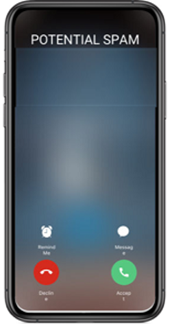 A smartphone with an incoming call flagged as Spam.